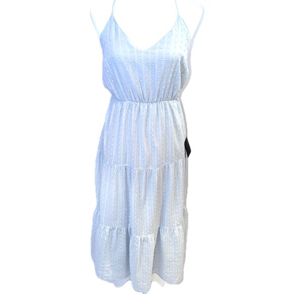 NWT Lulu’s | Sunny Reverie Light Blue Swiss Dot Lurex Halter Midi Dress | Small - Picture 2 of 13